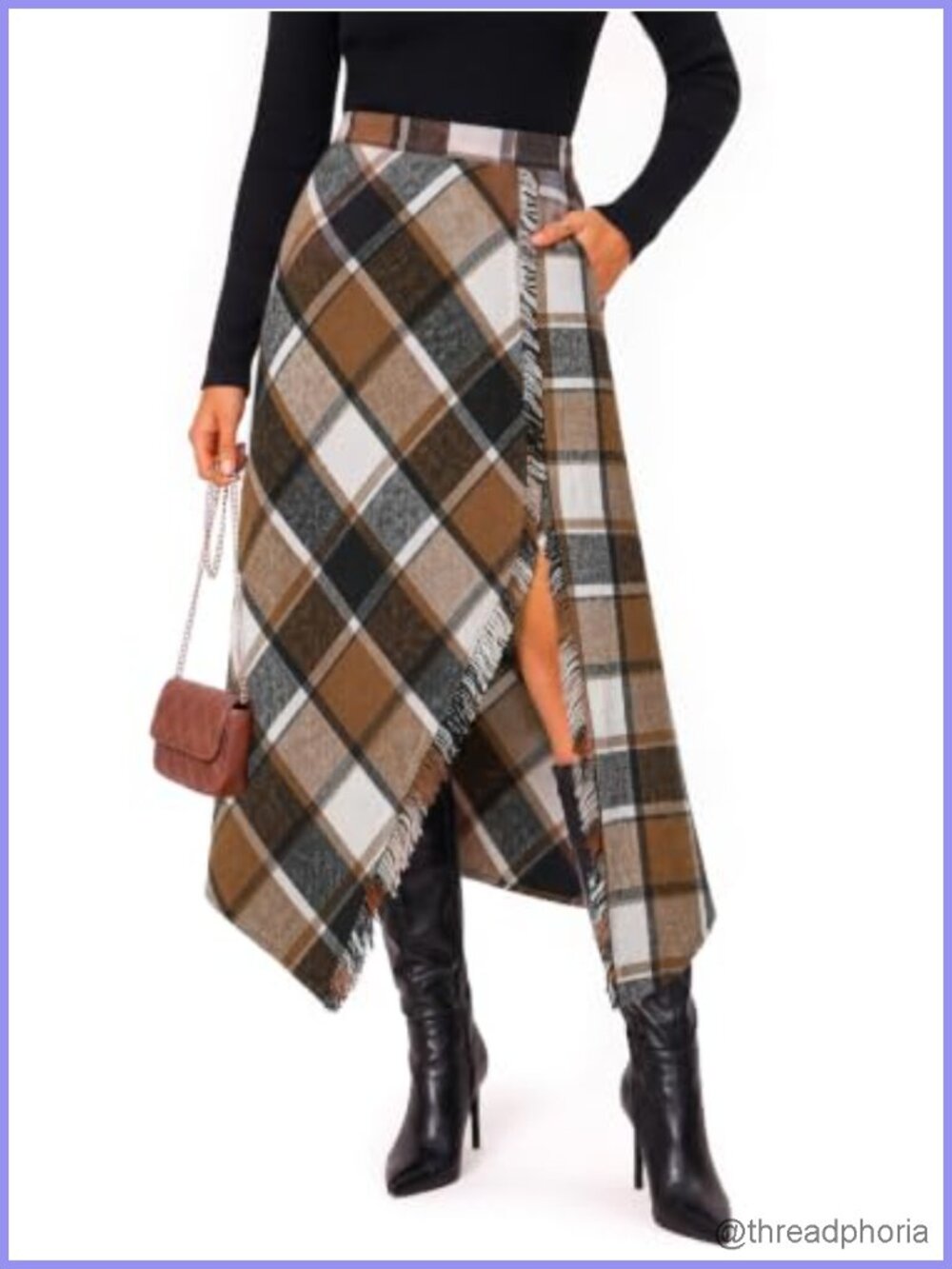 High Waist Plaid Wrap Midi Skirt Asymmetrical Slit Tartan A-Line